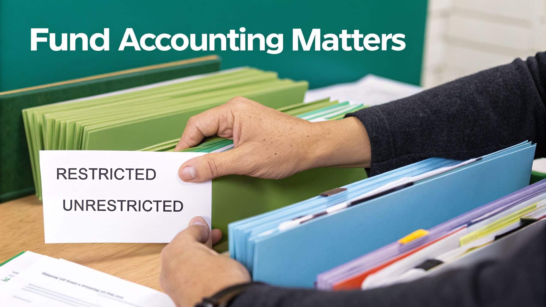 Hands sorting files labeled 'Restricted' and 'Unrestricted' within a fund accounting context.