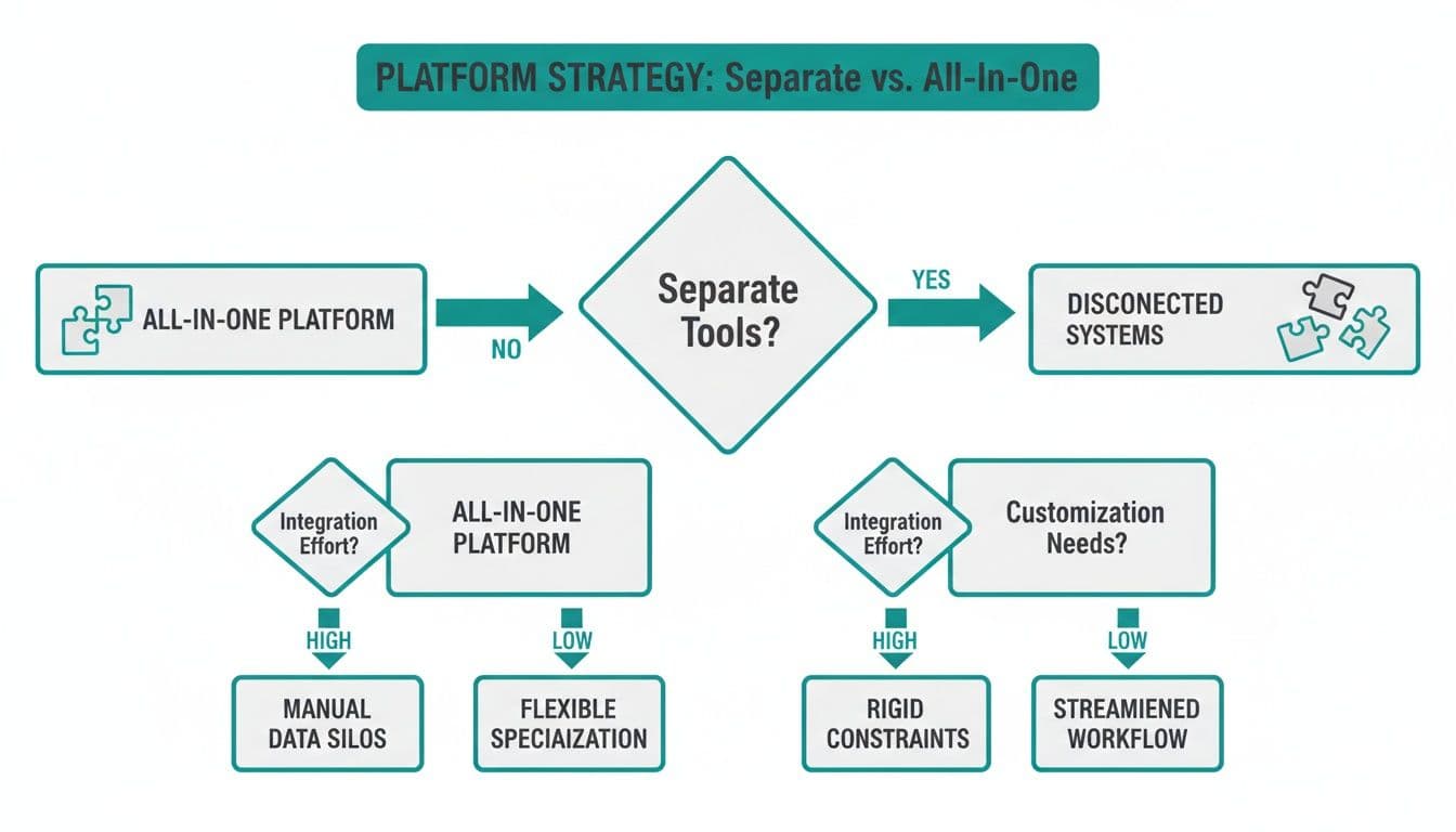 Flowchart comparing all-in-one platform vs. separate tools for business strategy and outcomes.