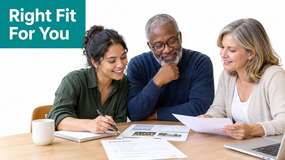 Staff planning a nonprofit event with shared documents at a table