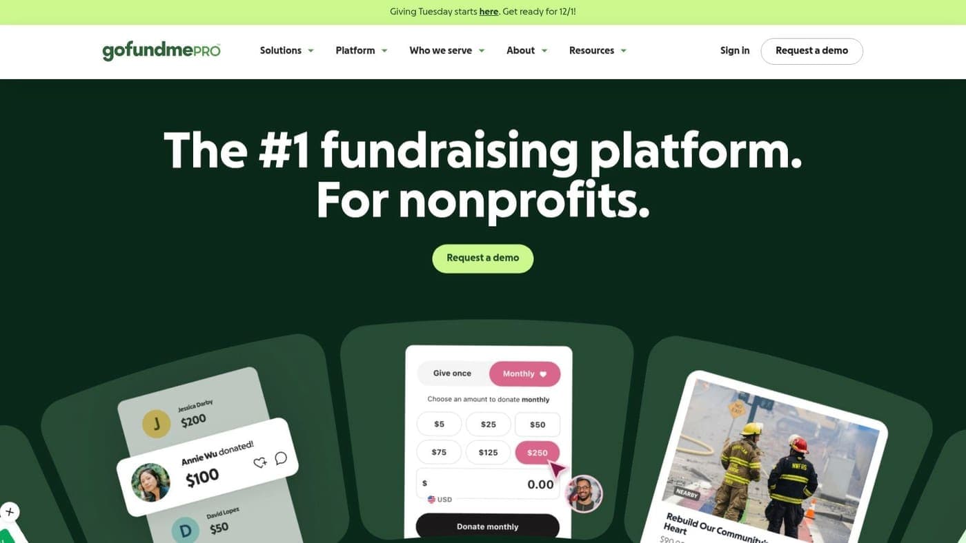 GoFundMe Pro homepage showing a monthly donation form and campaign cards