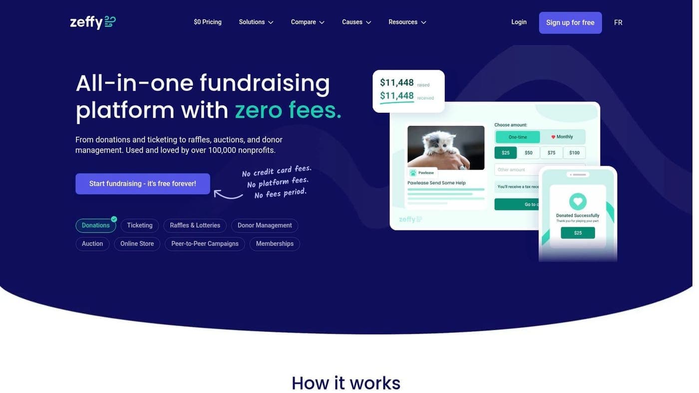 Zeffy homepage promoting zero-fee fundraising with donation and ticket tools