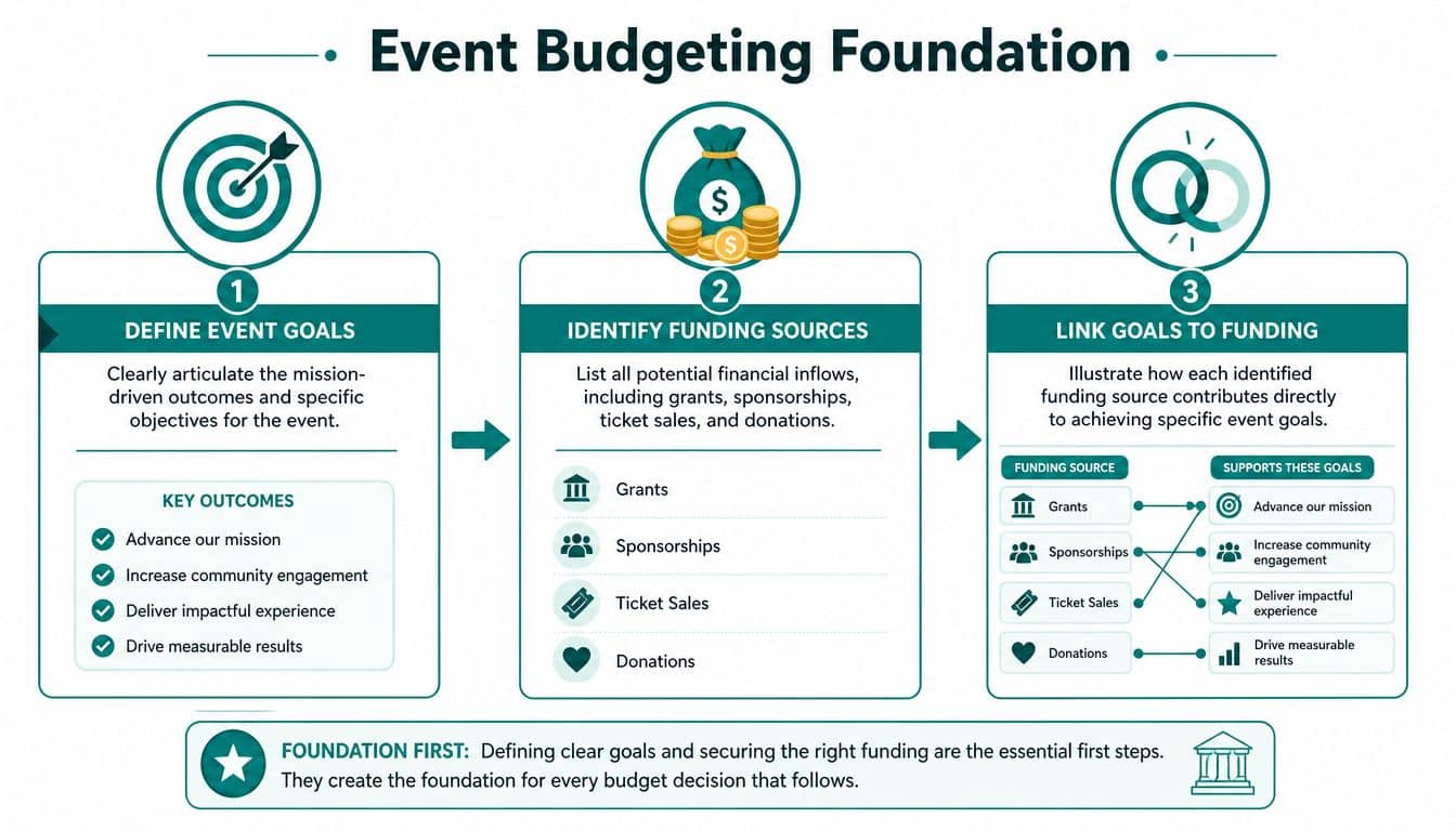 Three-step infographic titled Event Budgeting Foundation showing how to define goals and identify funding sources.
