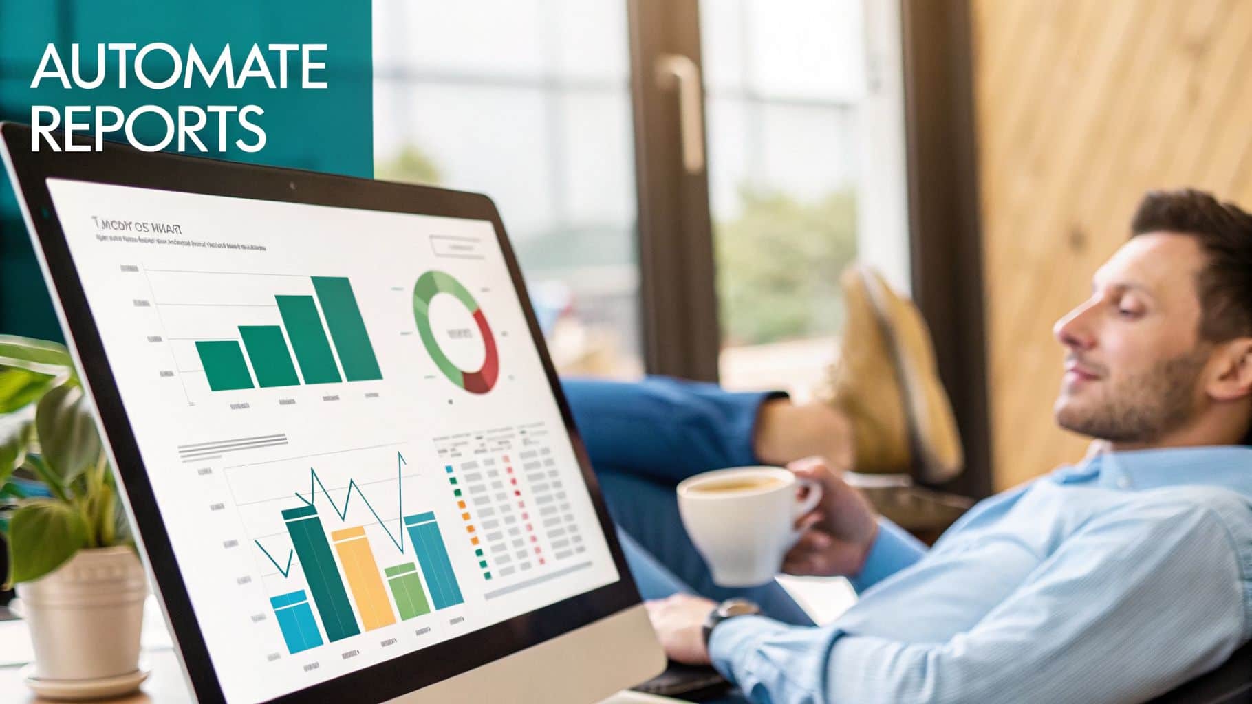 Automated nonprofit financial reports showing charts and analytics on screen
