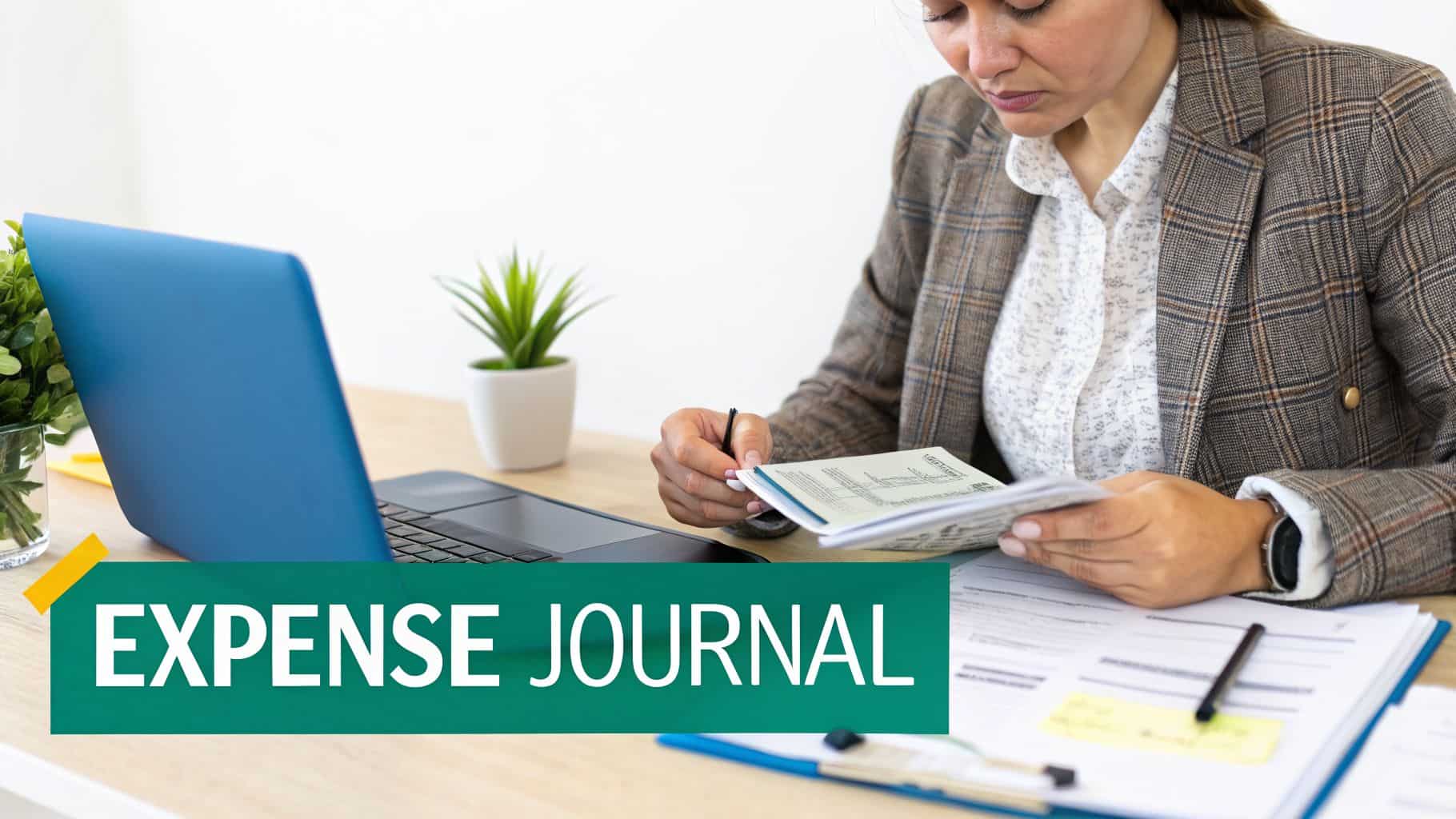 Woman checking receipts for a cash disbursement journal at her desk