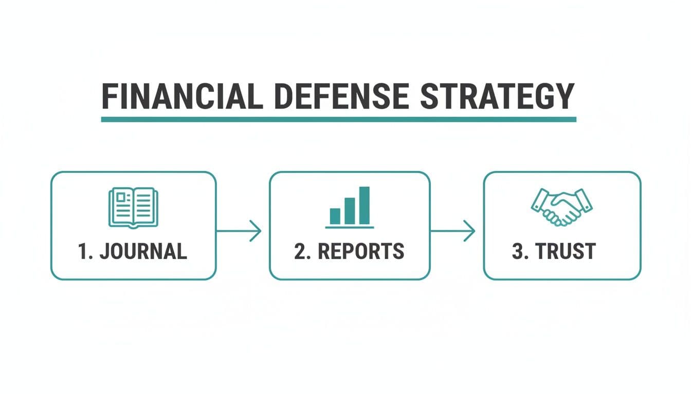 Financial defense strategy showing the flow from journal to reports to trust
