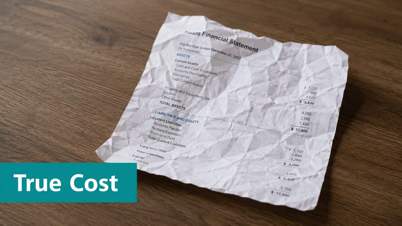 A crumpled piece of paper displaying a company financial statement on a wooden desk surface.