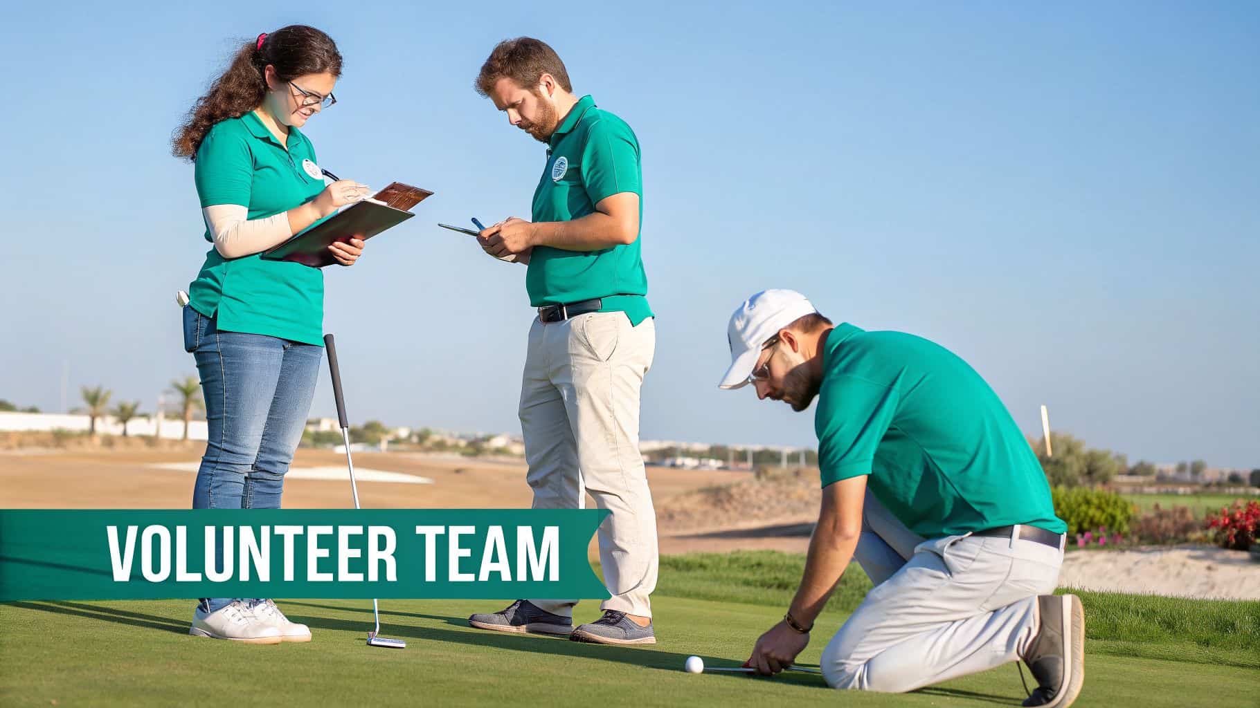 Volunteer team coordinating at a sunny golf course with clipboards and tablets