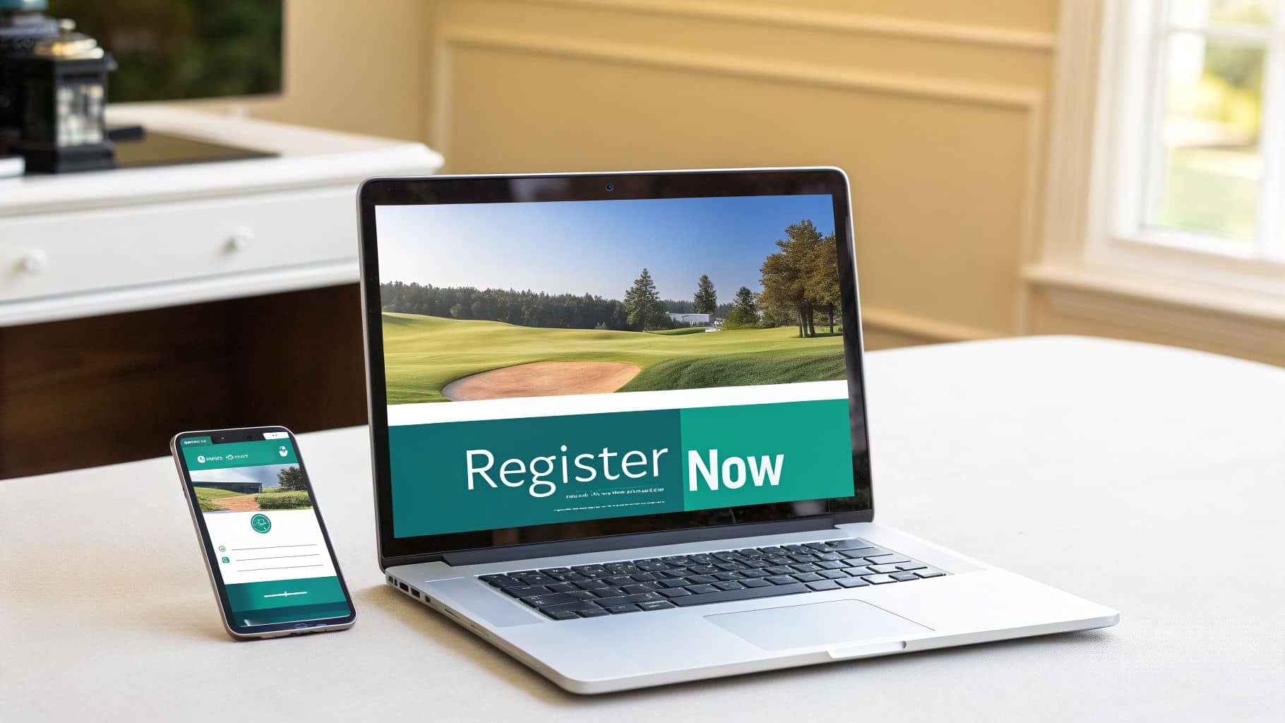 Laptop and smartphone displaying a golf course registration page with a Register Now button