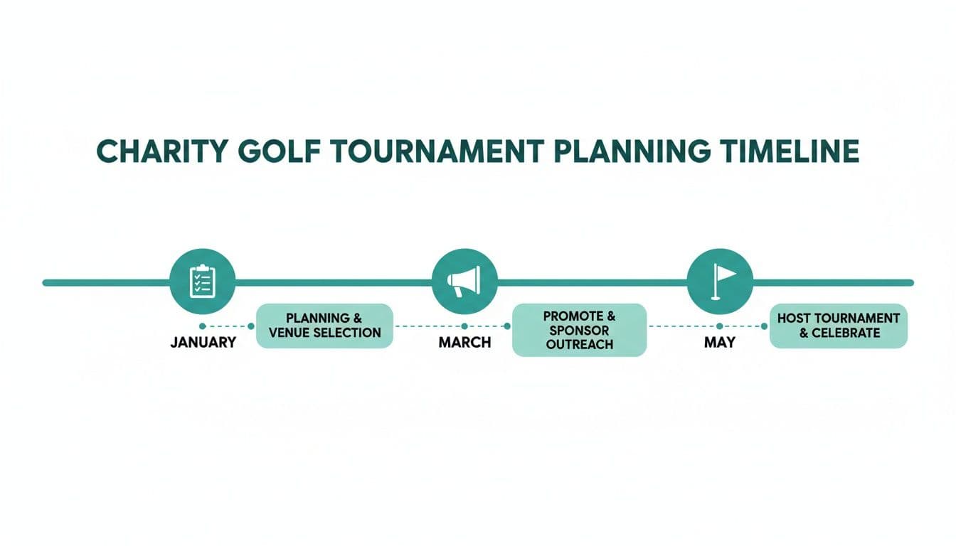 Charity golf tournament planning timeline showing key stages from planning through promotion to event day