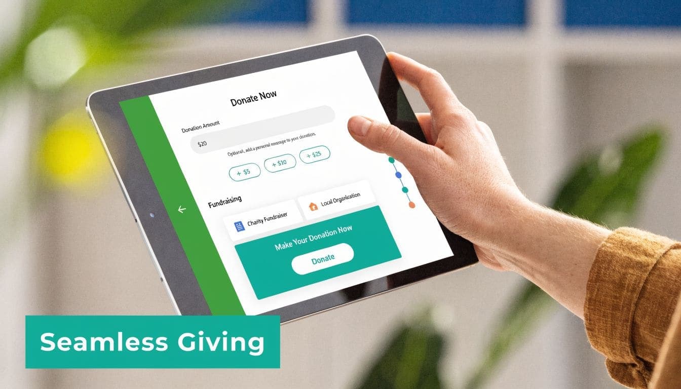 Person using a tablet to make a donation through an easy online fundraising platform interface
