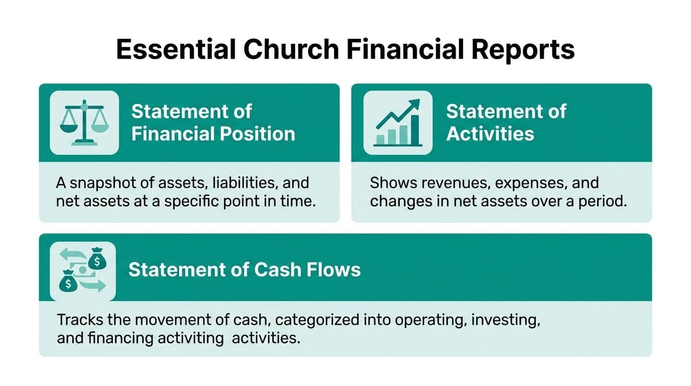 Infographic titled Essential Church Financial Reports listing the Statement of Financial Position