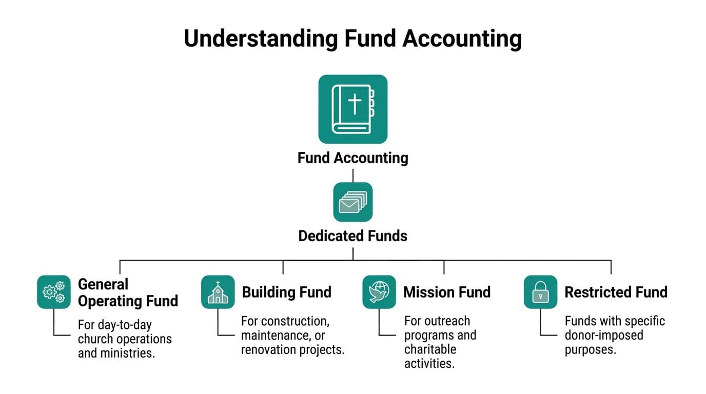 Diagram showing church fund accounting, featuring dedicated categories like general, building, mission, and restricted funds.