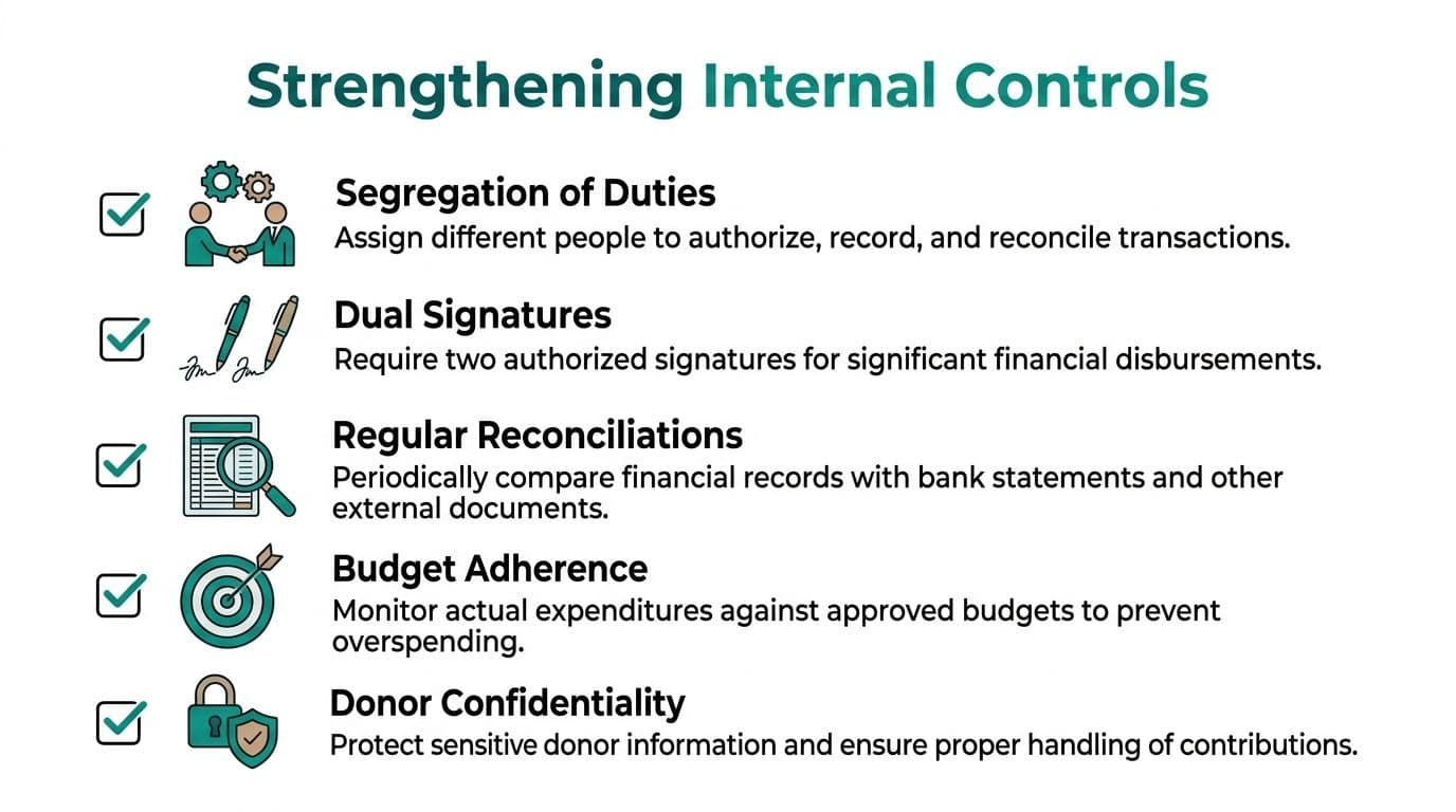 A checklist infographic titled Strengthening Internal Controls, listing five financial security measures for organizational management.