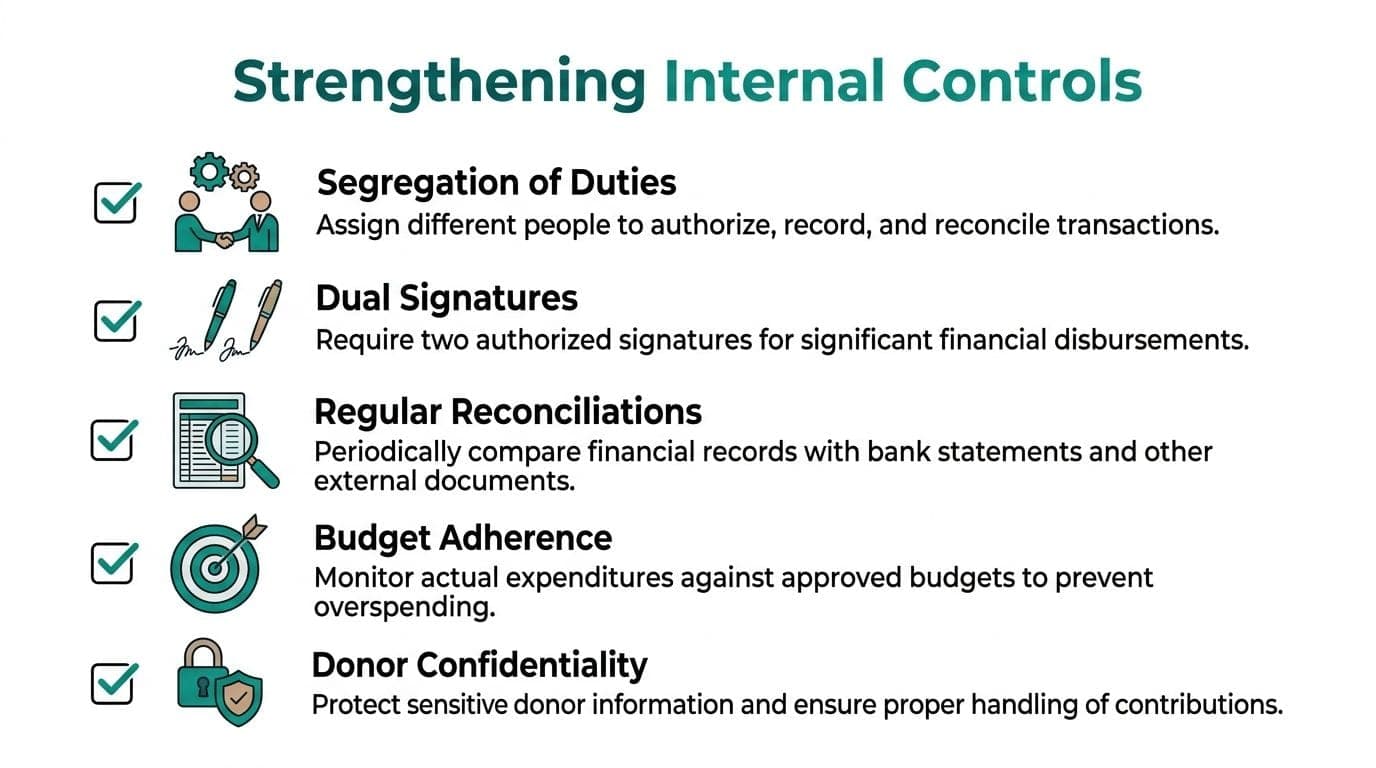A checklist infographic titled Strengthening Internal Controls, listing five financial security measures for organizational management.