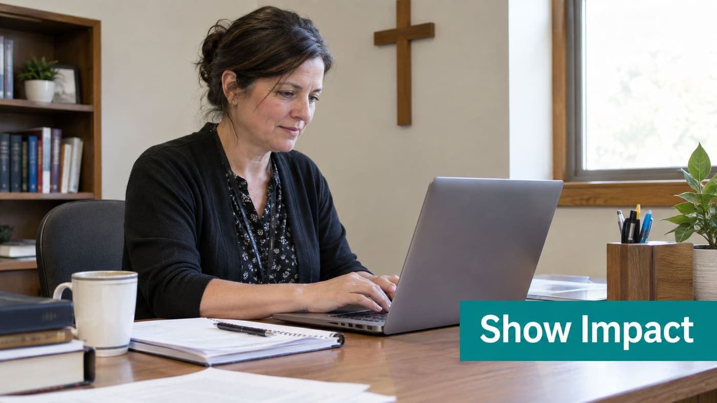 Church staff reviewing a donor database that connects gifts to ministry impact