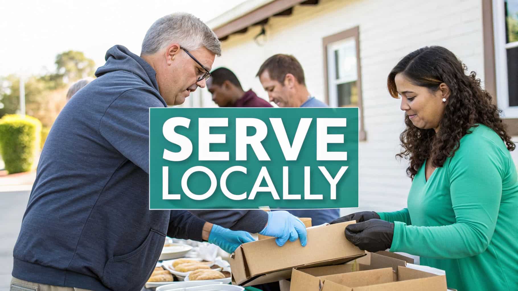 Diverse volunteers serve locally, packing meals into boxes outdoors for community support.