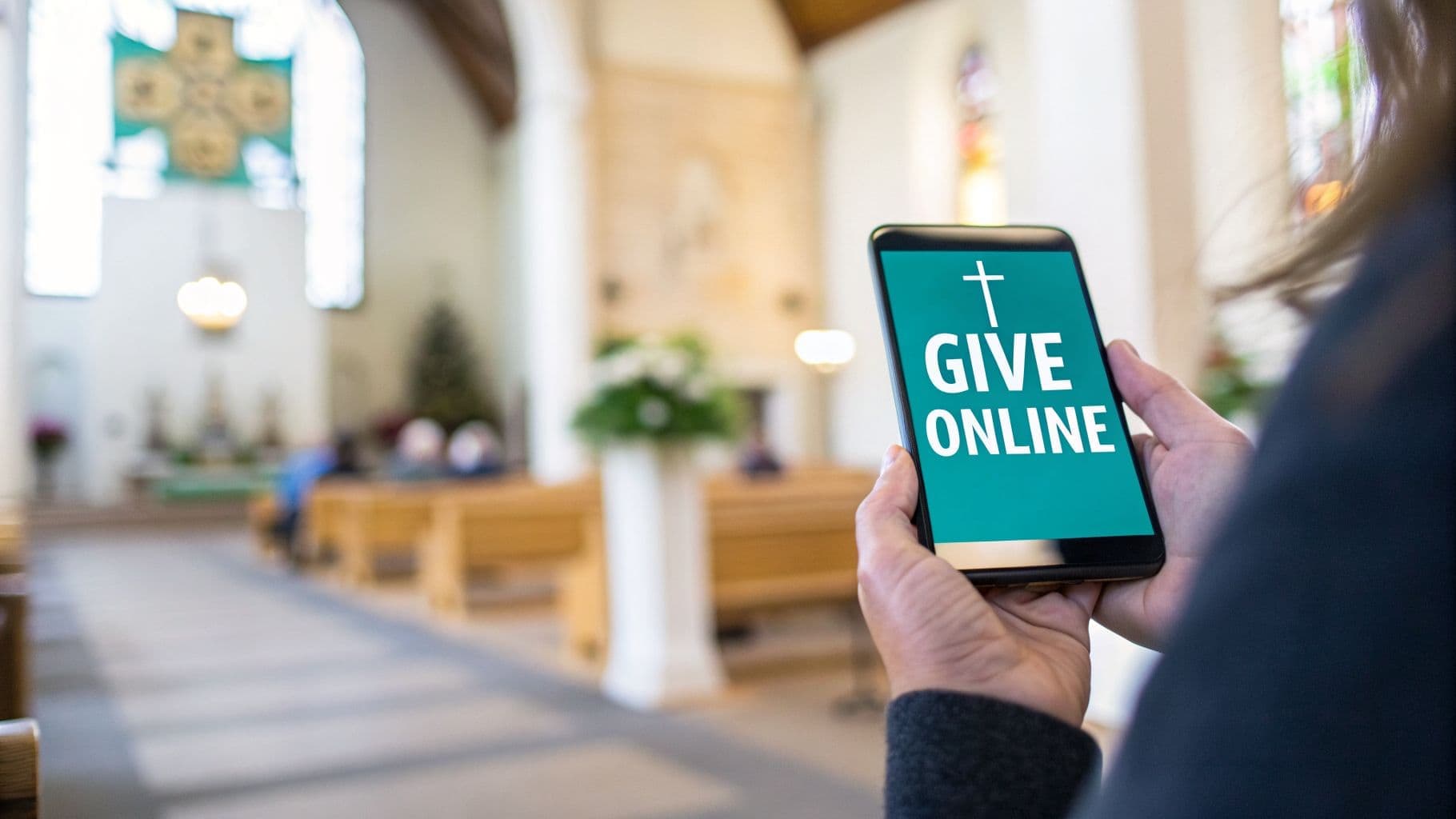 Person's hands hold a smartphone displaying GIVE ONLINE with a cross icon, blurred church interior