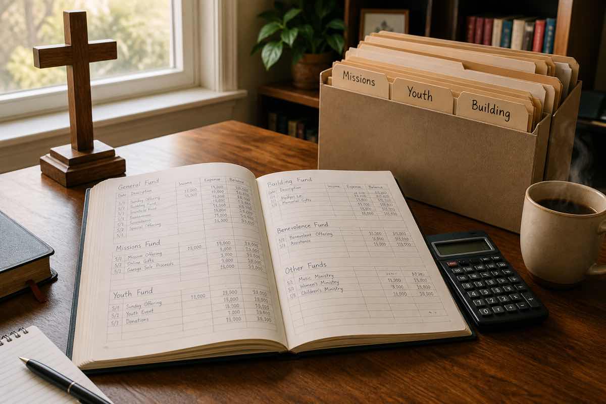 Church treasurer workspace with ministry fund ledger and file folders