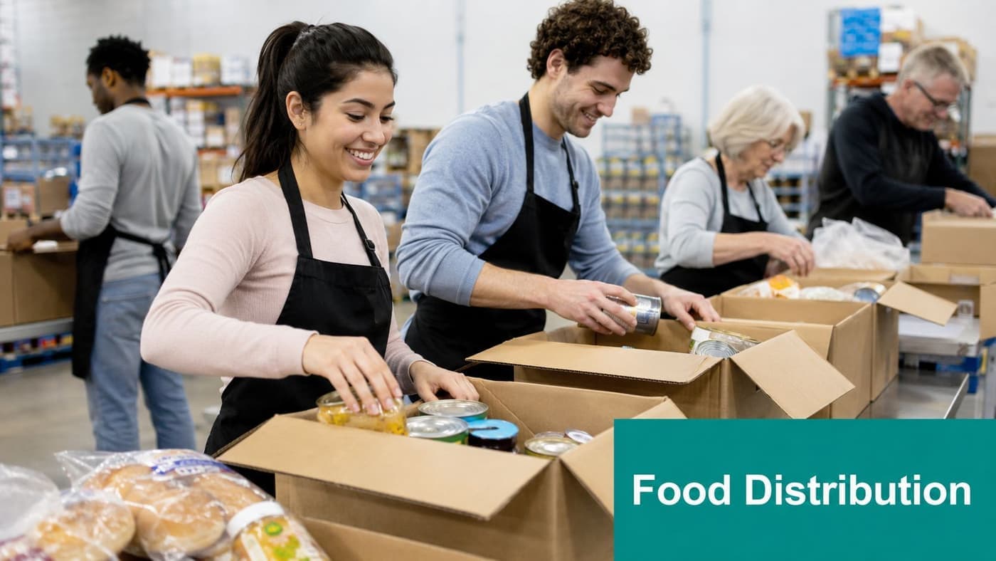 Community service volunteers packing donated food for local families