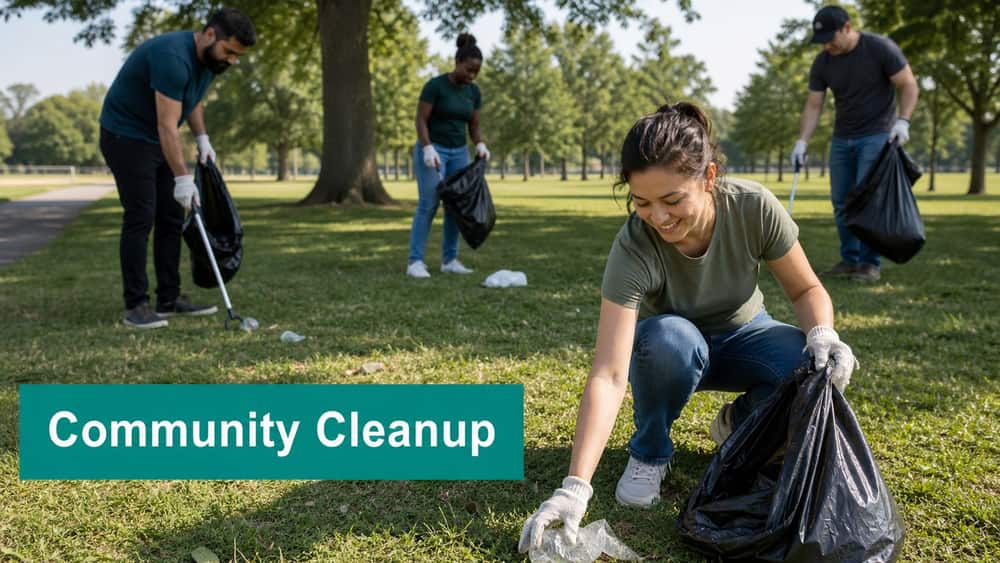 Community service volunteers collecting litter during a neighborhood park cleanup