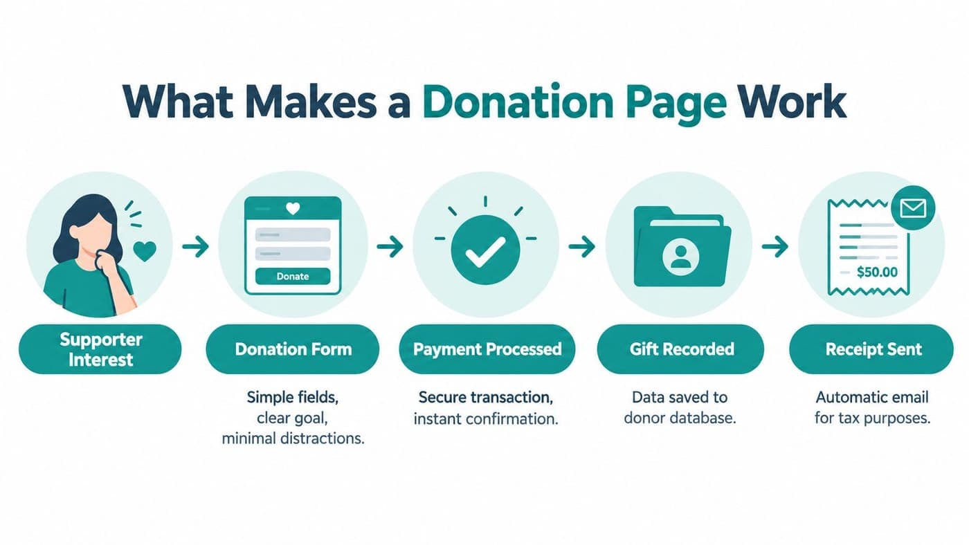 Five-step infographic showing how an effective online donation page works