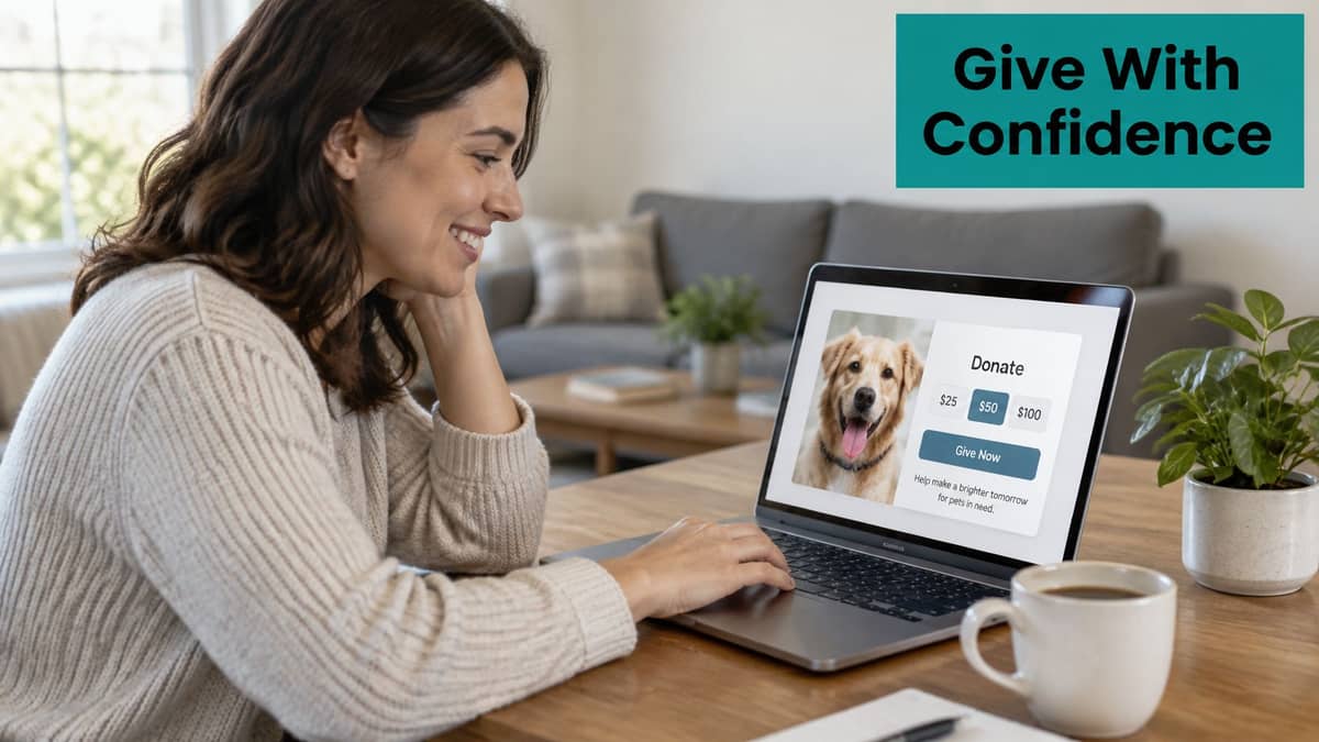 Woman using a laptop to make an online donation for pets in need