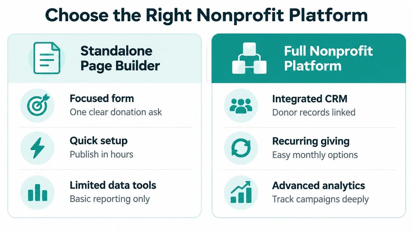 Comparison of a standalone donation page builder and a full nonprofit platform