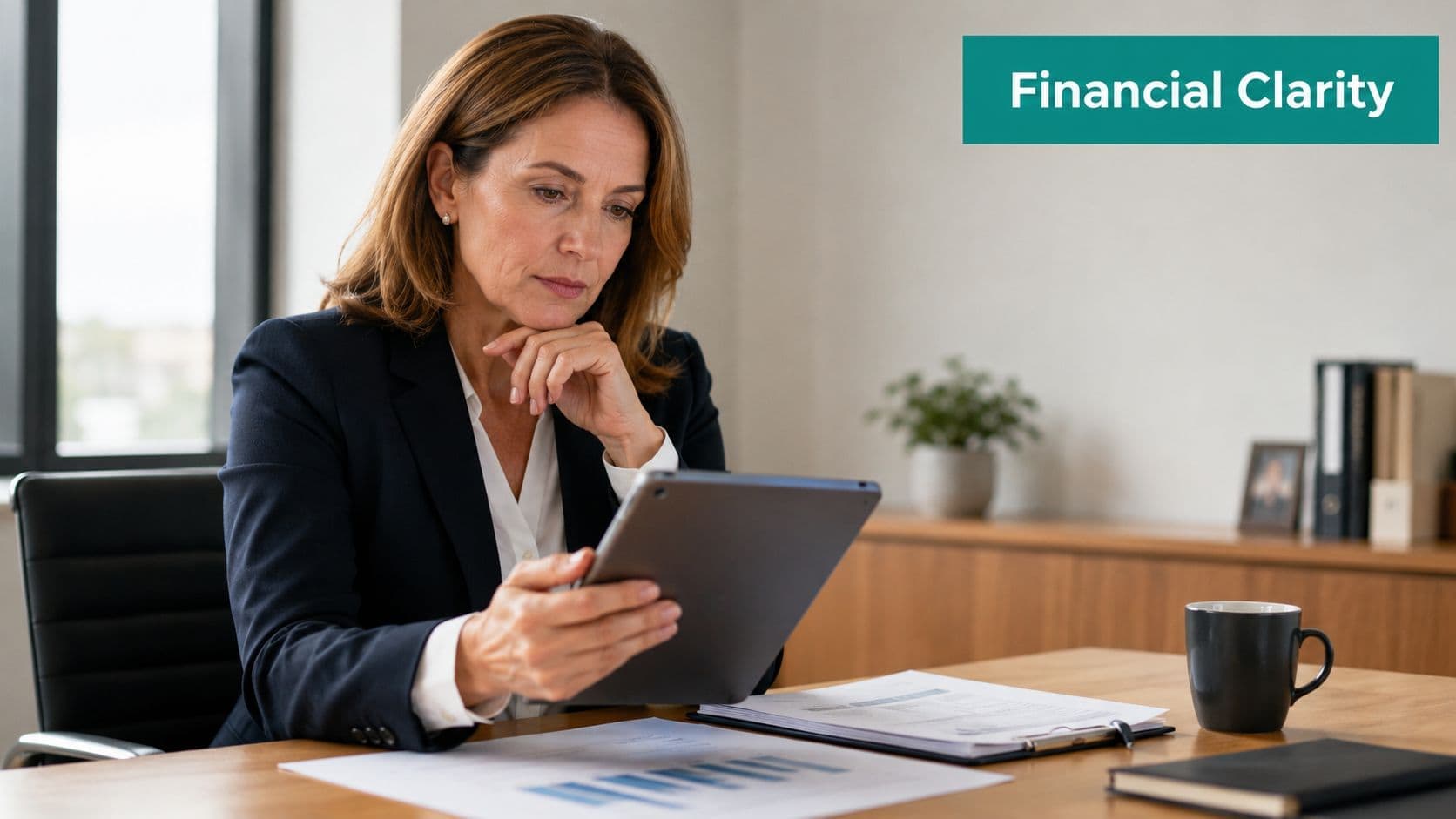 Woman in a suit looks focused while reviewing data on a tablet at her desk