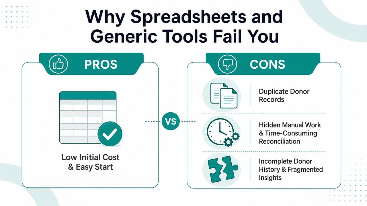 Comparison chart showing pros and cons of using spreadsheets and generic tools for donor management.