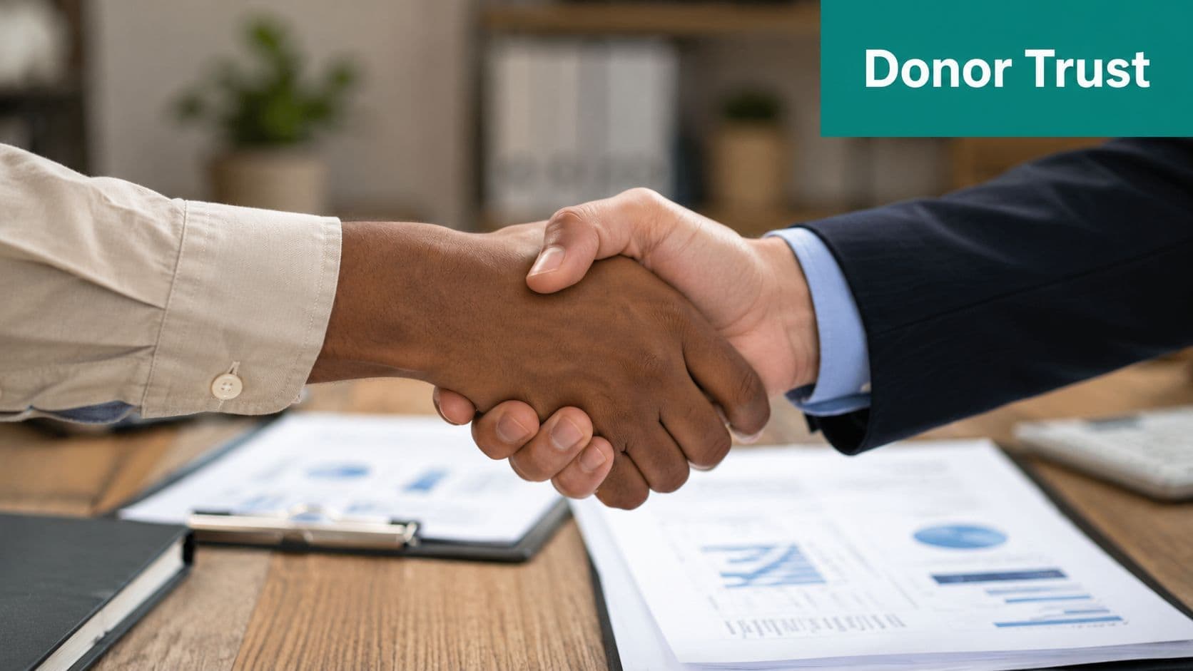 Close-up of two people shaking hands over a wooden table with financial business documents.