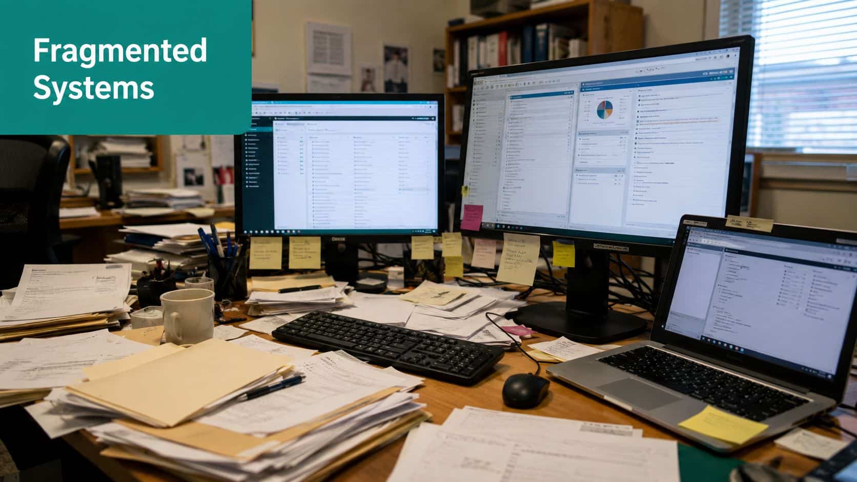 Cluttered office desk with multiple computer monitors, a laptop, and stacks of paperwork and documents.