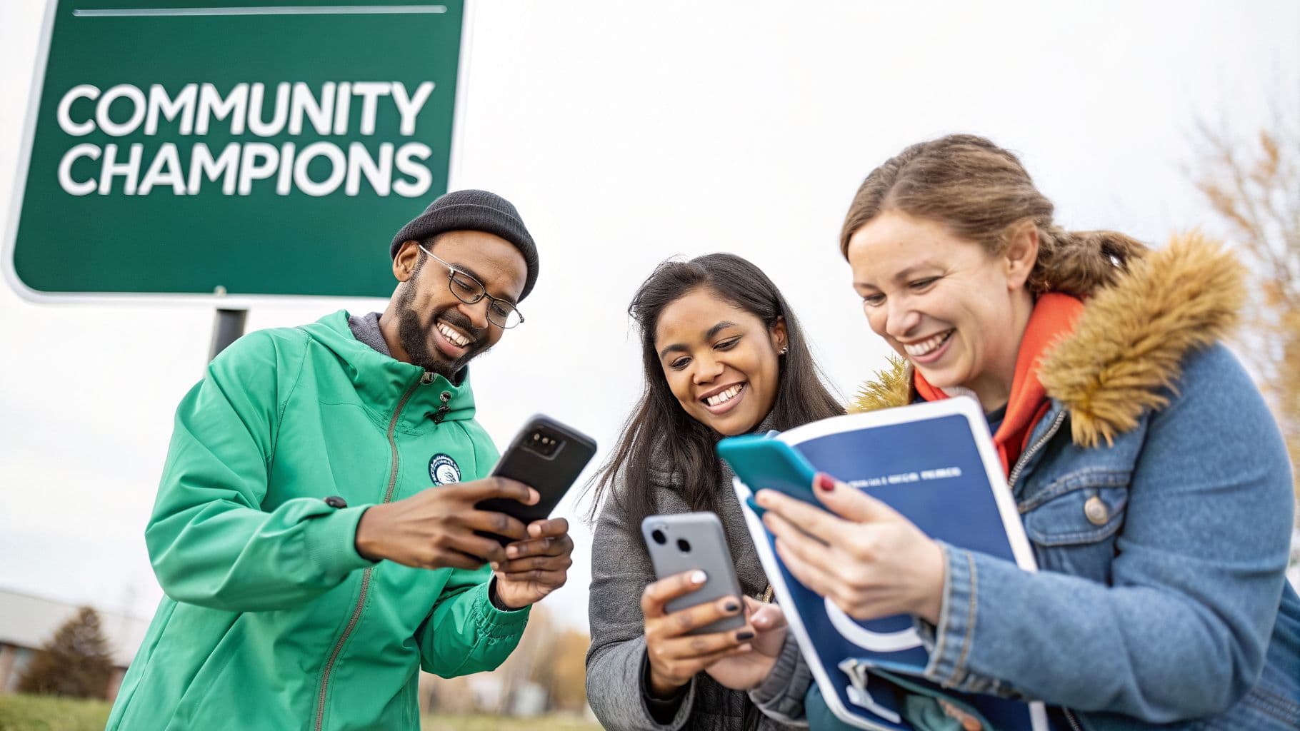 Three diverse people smiling and using their phones outdoors next to a Community Champions sign.