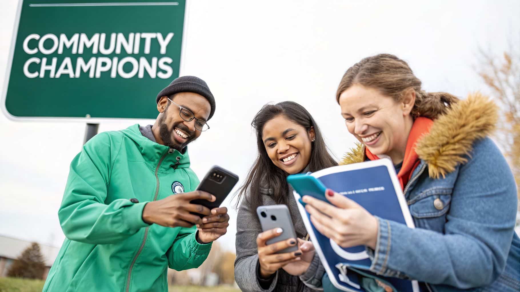 Three diverse people smiling and using their phones outdoors next to a Community Champions sign.
