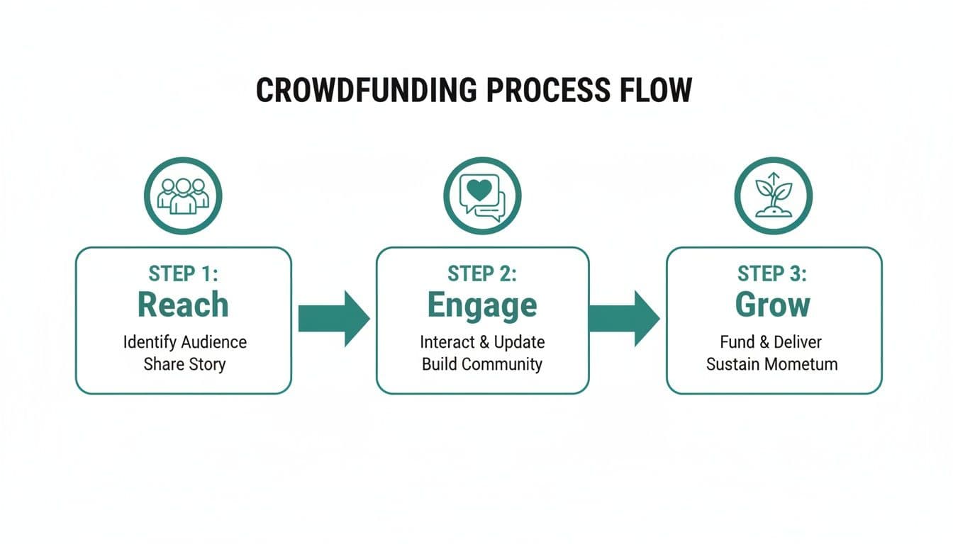 Crowdfunding process flow diagram showing three steps: Reach, Engage, and Grow with icons.