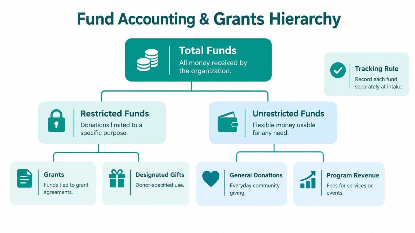 Diagram of fund accounting and grant records in a nonprofit hierarchy