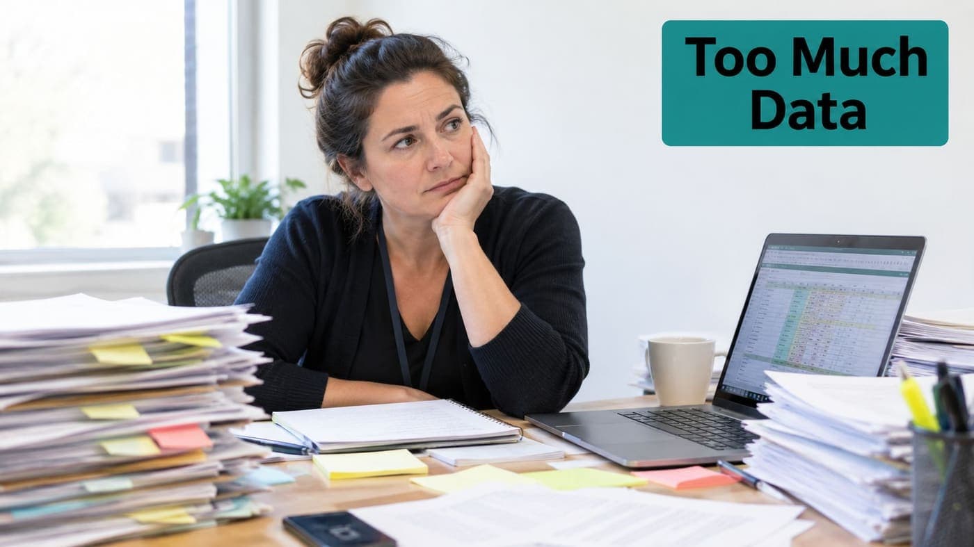 Staff member working through a desk full of paper records and a laptop