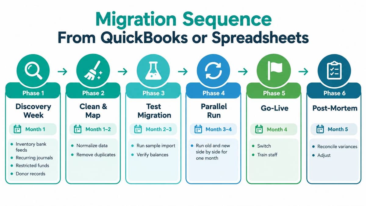 Six-phase infographic for migrating from QuickBooks to donation accounting