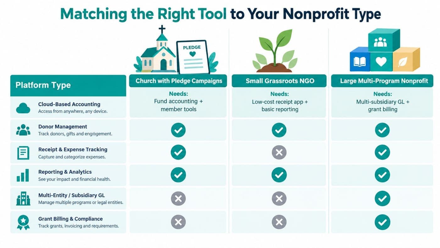 Chart matching nonprofit types to donation accounting software features