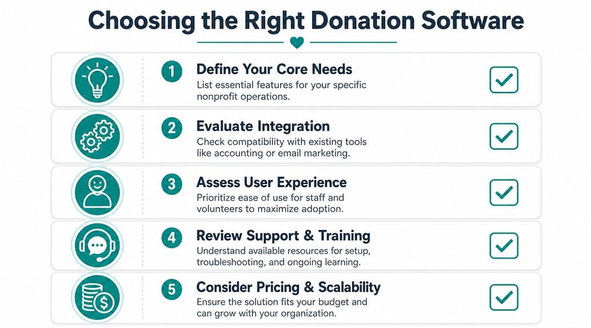 A five-step checklist for nonprofit organizations to follow when selecting the right donation management software solution.