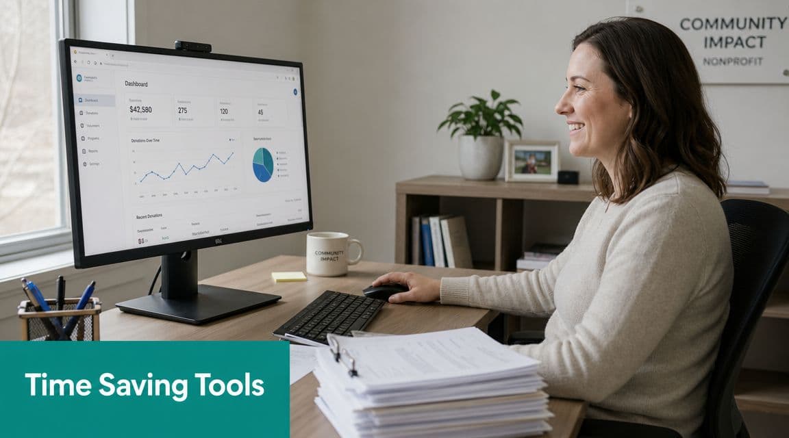 A woman smiling while using donation management software on her computer in an office workspace.