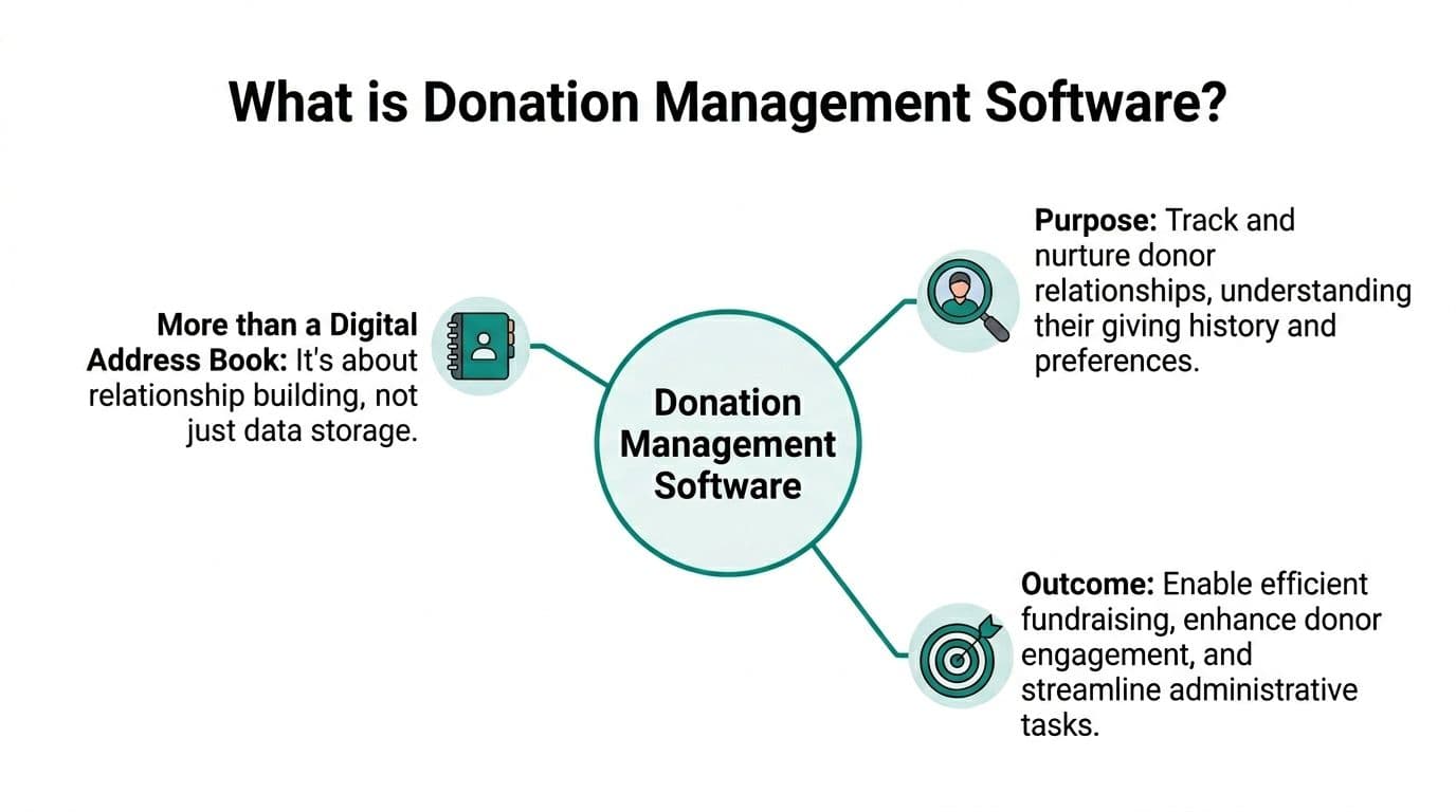 A diagram defining donation management software as a tool for relationship building, tracking donors, and enhancing fundraising.