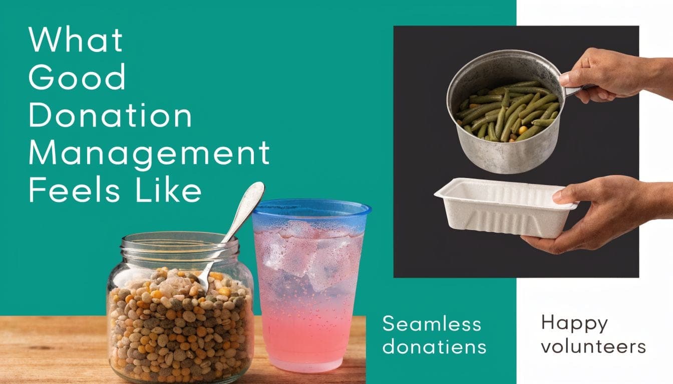 Conceptual graphic illustrating donation management with green beans, legumes, a drink, and happy volunteer hands.