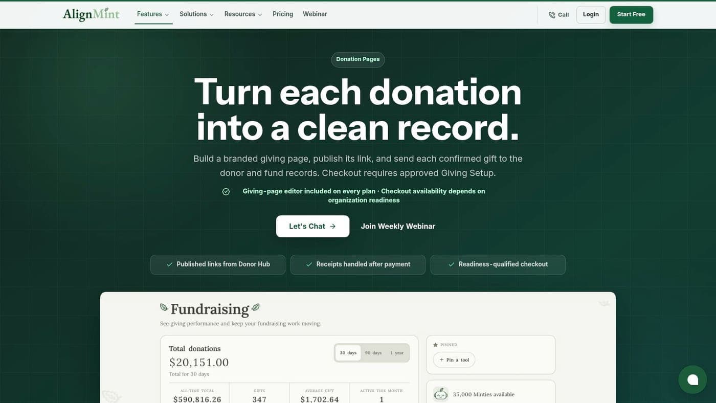 AlignMint donation page builder showing a campaign page tied to fundraising records