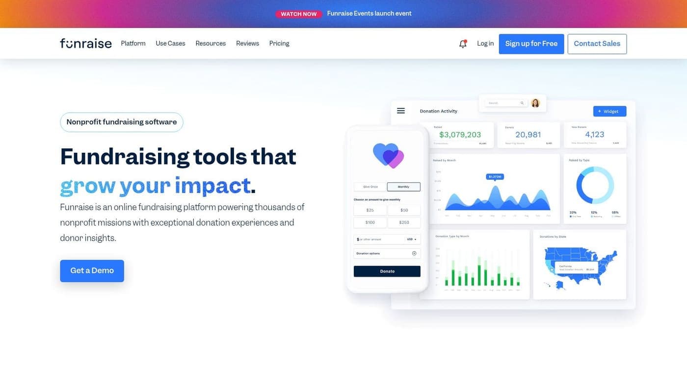 Funraise fundraising software homepage for donation pages and donor campaigns
