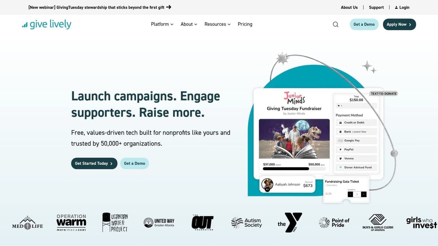 Give Lively fundraising platform homepage for nonprofit donation page templates