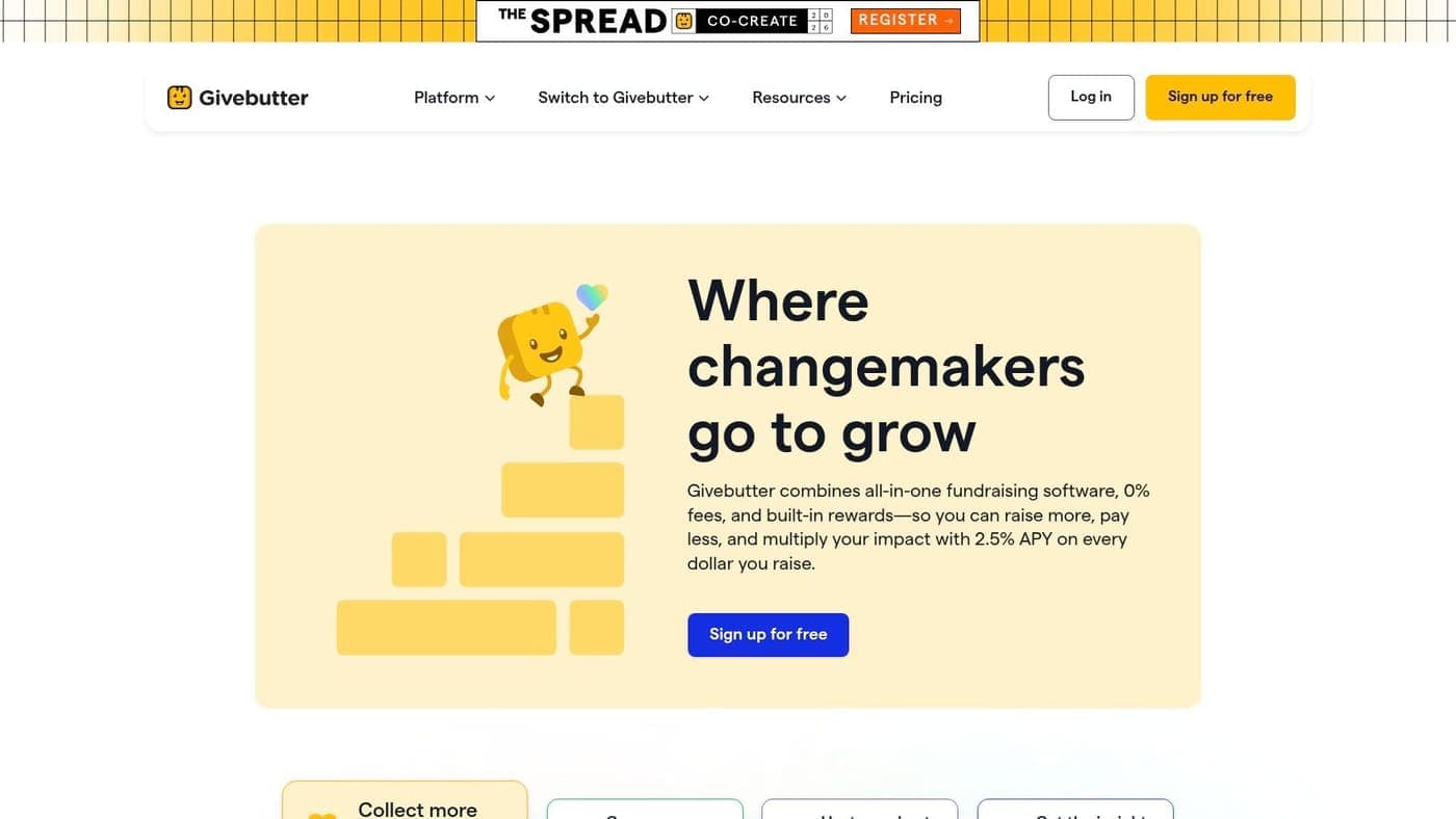 Givebutter homepage for hosted donation pages, events, and peer-to-peer campaigns