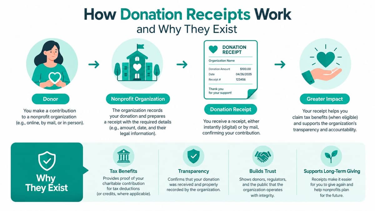 Infographic showing how donation receipts move from gift to greater impact