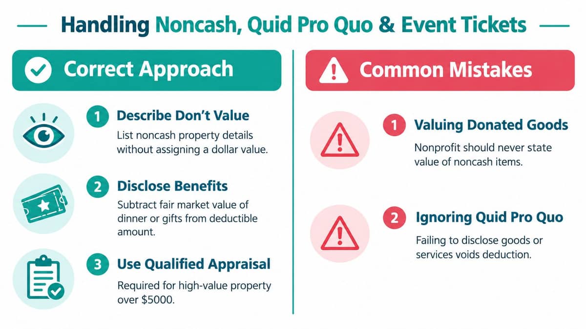 Infographic covering noncash, quid pro quo, and event ticket receipt rules