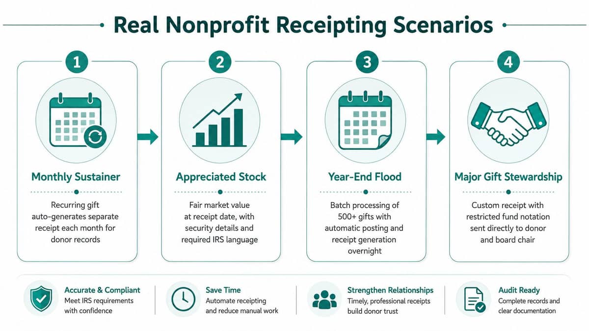 Four nonprofit receipting scenarios covering cash in-kind events and recurring gifts