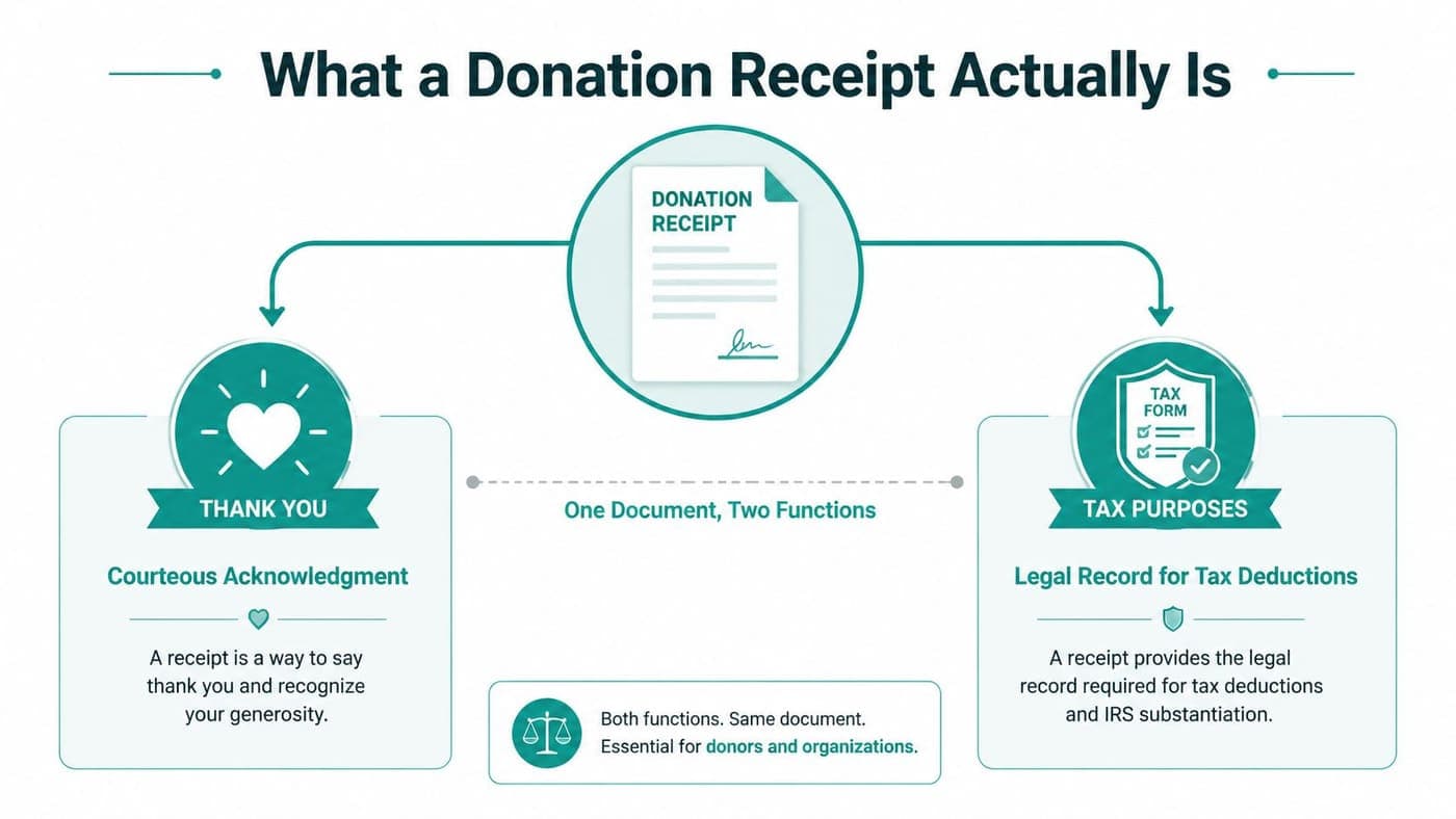 Infographic explaining a donation receipt as acknowledgment and tax substantiation